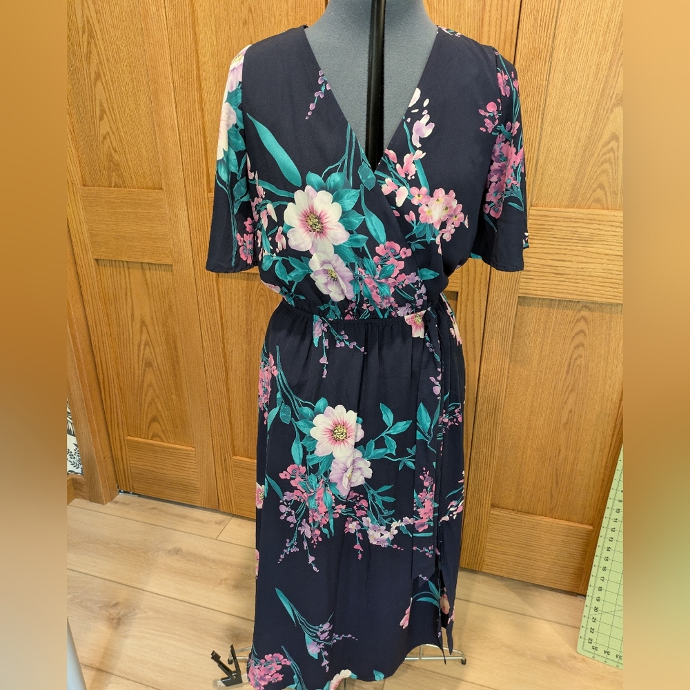 Unique Vintage Navy Blue Floral Faux Wrap Dress Flutter Sleeve Midi Sundress